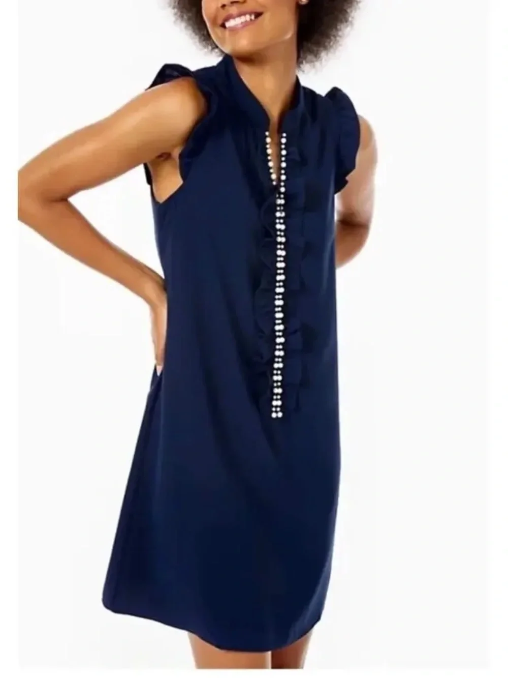 Lilly Pulitzer Adalee Shift Dress Women's Size 6 True Navy Pearl Embellishment